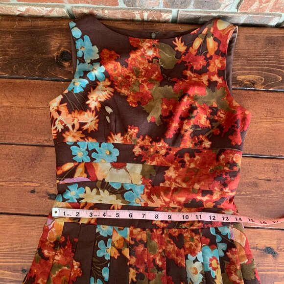 Kay Unger Women's Floral Brown Silk Wool Blend 2 Pleated Midi A-Line Dress GUC - Picture 14 of 16